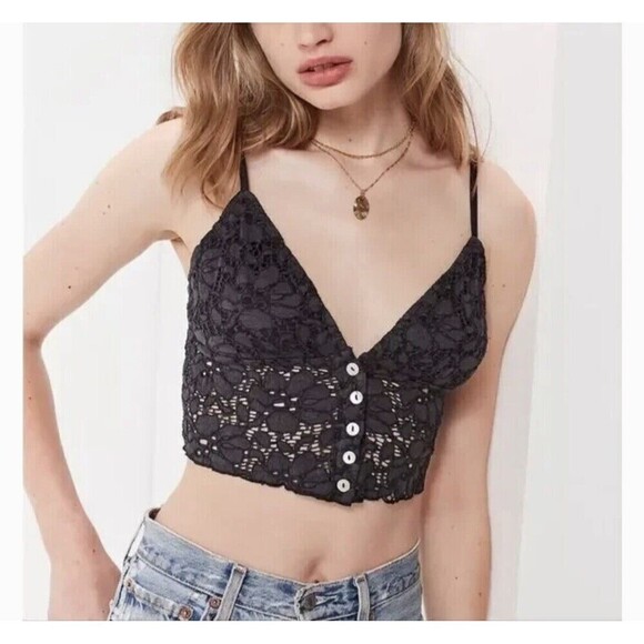 Urban Outfitters Dark Gray Lace Button-Front Spaghetti Strap Cropped Cami XS - Picture 1 of 10
